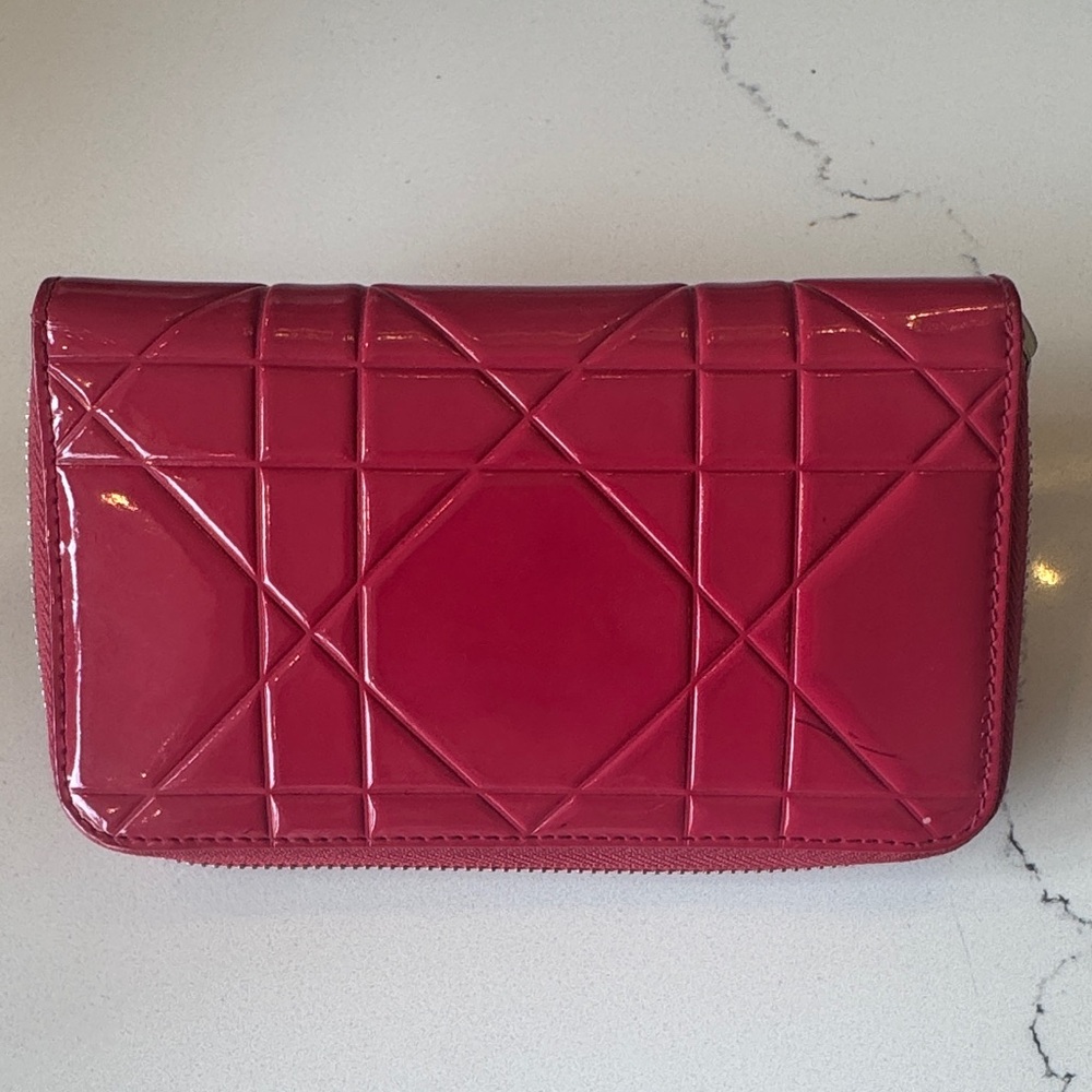 Dior Cannage Patent Leather Long Wallet Hot Pink Zip Clutch with Card